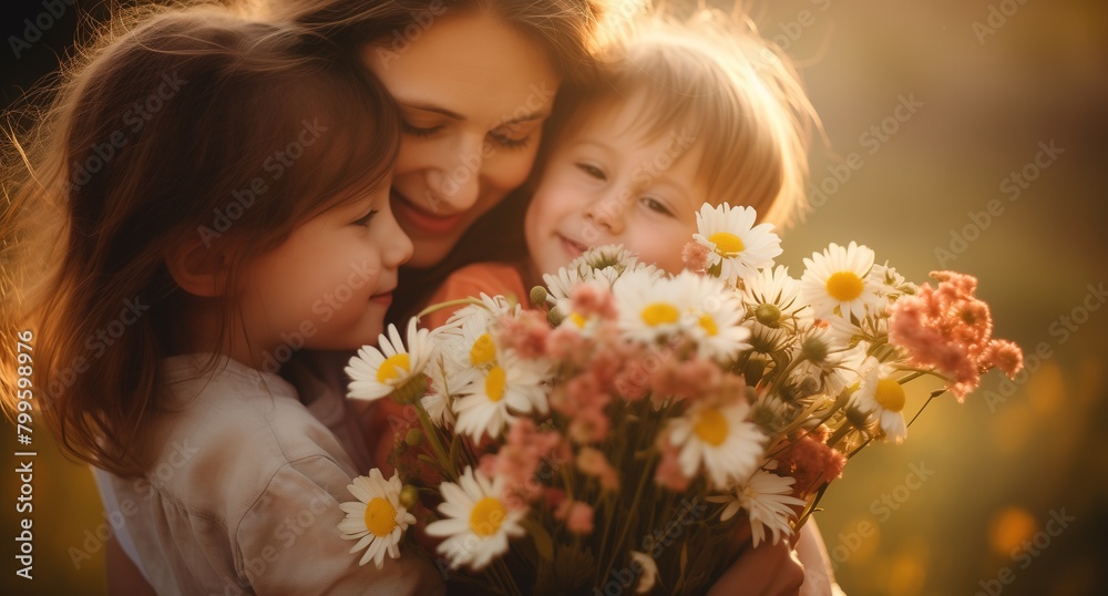 Tender Mother's Day Moment: Mother Embracing Children with Flowers
