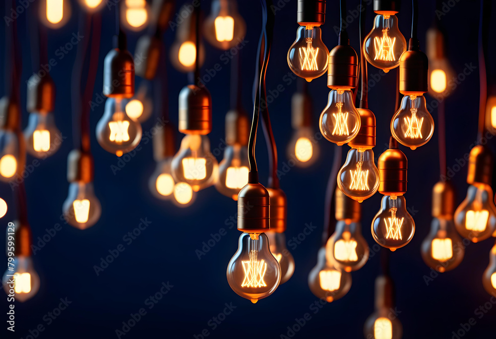 A close-up of multiple light bulbs on a dark background, with one light bulb shining brightly A close-up of multiple light bulbs on a dark background, with one light bulb shining brightly