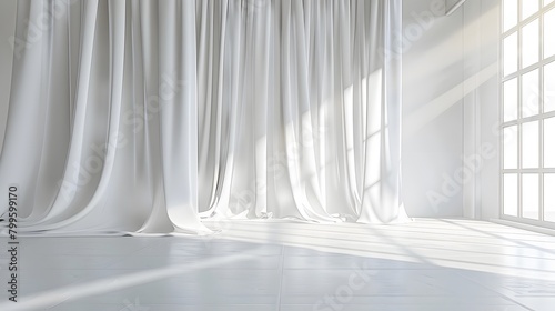 Minimalistic background with soft light in an empty white room, featuring a large white stage curtain on the wall, embodying a minimal style.