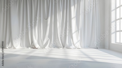 Minimalistic background with soft light in an empty white room, featuring a large white stage curtain on the wall, embodying a minimal style.