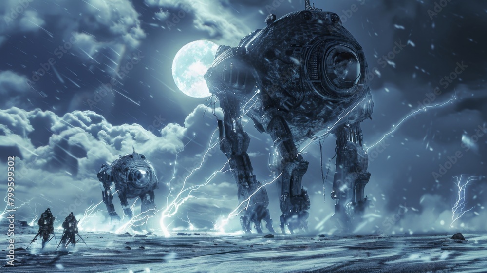 Fototapeta premium The powerful thunder giants their electrical energy crackling around them made an unlikely pact with the gentle moon creatures their . .