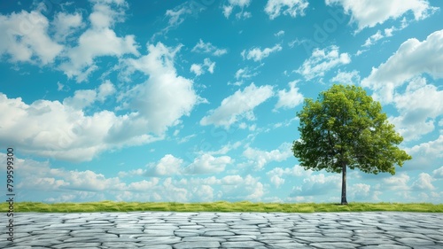 Lone tree on cobblestone path with clear blue sky and fluffy clouds photo
