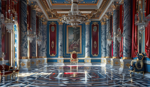 the throne room of the Russian Emperor in St Petersburg, red walls with gold trim and blue marble columns, ornate white chair on platform at center, opulent wall tapestries, geometric floor patterns photo