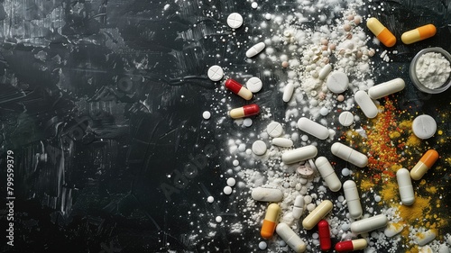 Various pills and capsules scattered on dark background