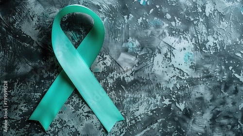 Teal ribbon on abstract background, symbolizing awareness for specific causes photo