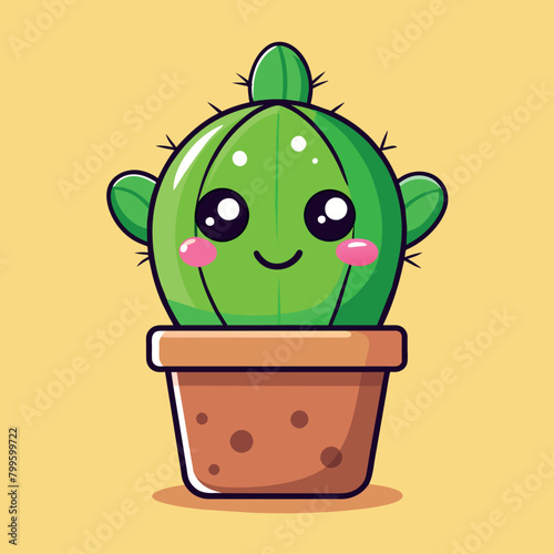 Cute, smiling cactus cartoon character in a brown pot. Vector kawaii vibrant succulent plant, conveying joy. Potted playful, cheerful baby cacti with a big smile, blushing cheeks, and sparkly eyes photo