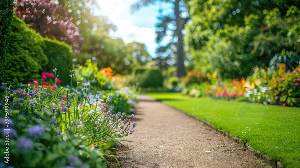 Sunlit garden path lined with vibrant flowers and trees