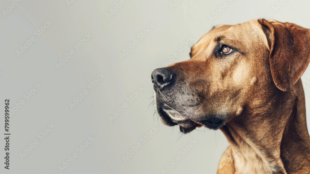 Profile of focused brown dog with short coat against gray background