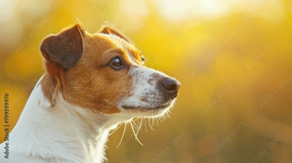 Jack Russell Terrier dog gazing into distance with golden sunlight background Jack Russell Terrier dog gazing into distance with golden sunlight background