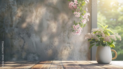 White flowers in jug on wooden table by window, sunlight filtering through