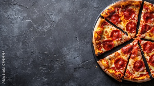 Sliced pepperoni pizza on dark stone background