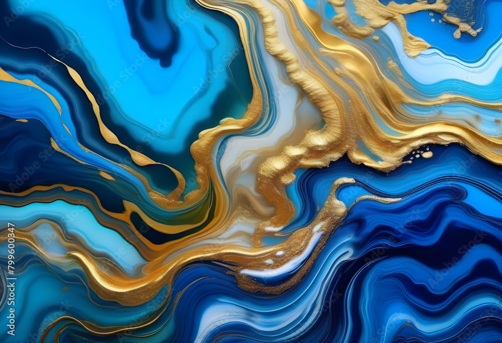 An abstract digital artwork of an ocean with swirling marble patterns in blue and gold background An abstract digital artwork of an ocean with swirling marble patterns in blue and gold background