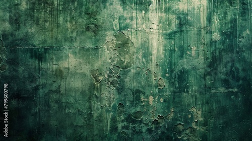 Old weathered wall painted green with peeling paint photo