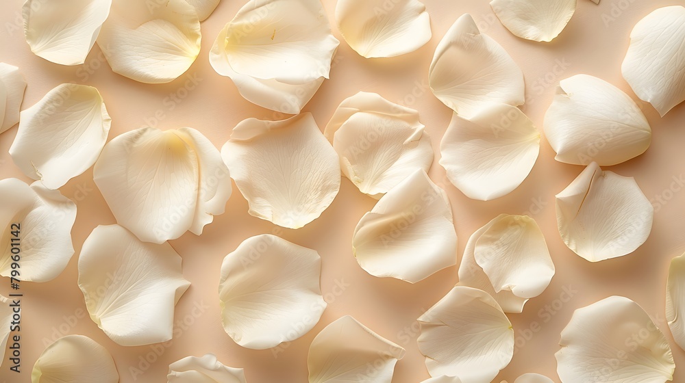 Abstract flower petals in pastel beige embodies beauty and calm. On the beige background, a pattern emerges as white rose petals are scattered, creating an atmosphere that is both elegant and softly.
