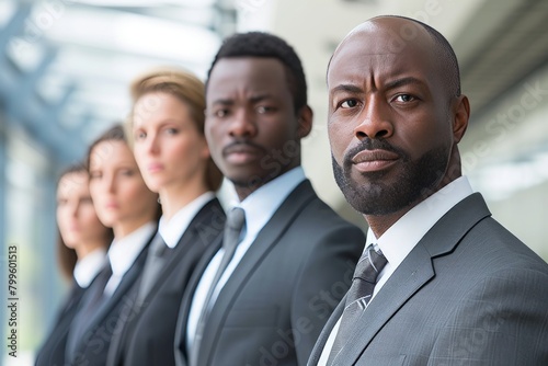 Portrait of confident African American businessman in front of his business team