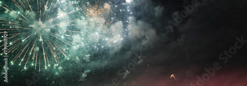 Wallpaper Mural Banner Green firework in night time celebrate national holiday. Green Firework celebrate anniversary happy new year 2024 4th of july holiday festival. Countdown New year 2025 festival with copy space Torontodigital.ca