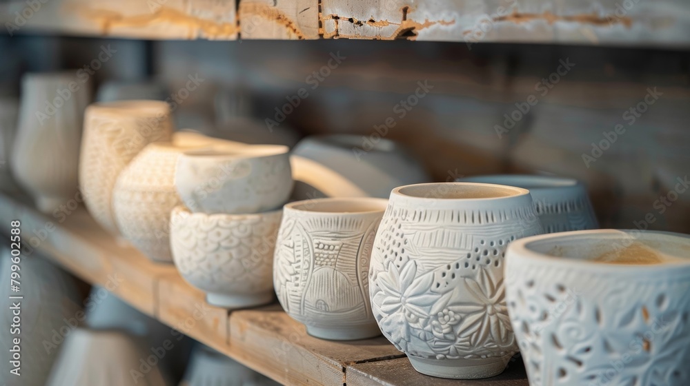 Delicate and intricate ceramic art pieces featuring handcarved designs and intricate etching displayed on a shelf.. Delicate and intricate ceramic art pieces featuring handcarved designs and intricate etching displayed on a shelf..