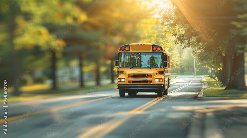 Obraz premium School bus driving down sunlit suburban road