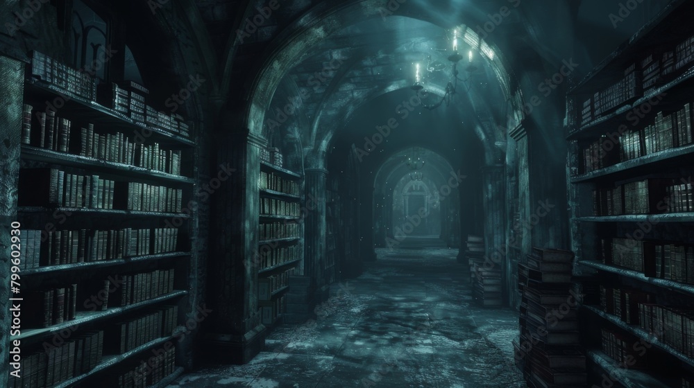 As you wander through the dimly lit cryptic library you cant help but feel a sense of foreboding. Dust particles dance in the faint . .