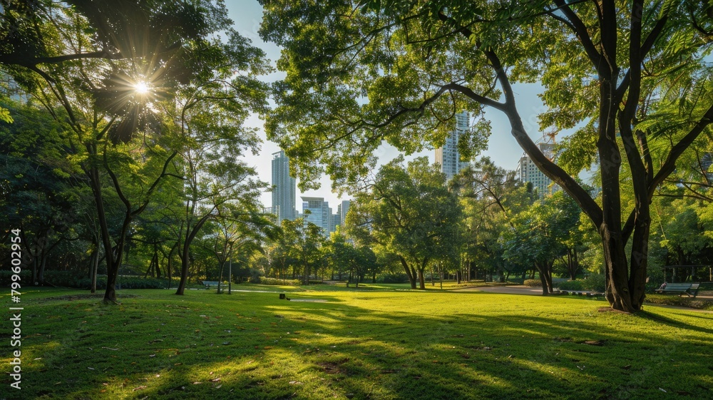 Obraz premium Urban park with lush greenery and skyscrapers in background at sunrise