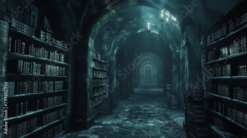 As you wander through the dimly lit cryptic library you cant help but feel a sense of foreboding. Dust particles dance in the faint . .