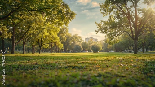 Sunlight filters through trees in peaceful park at dawn