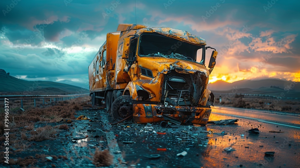 Damaged yellow truck on wet road after storm - The intense aftermath of a truck accident on a wet road with a stunning stormy sky creating a powerful ambience Damaged yellow truck on wet road after storm - The intense aftermath of a truck accident on a wet road with a stunning stormy sky creating a powerful ambience