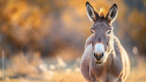 Donkey facing camera with warm, blurry autumn backdrop
