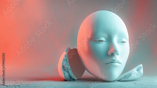 Broken egg-shaped mask with serene human face on textured surface, red background photo