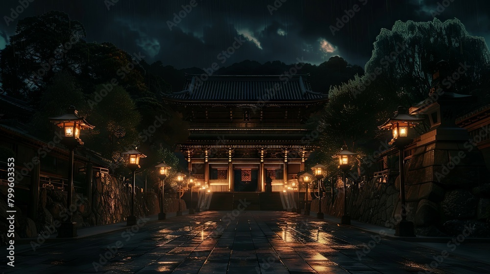 Obraz premium Illuminated Traditional Japanese Temple at Night - This striking image captures a beautiful traditional Japanese temple lit by lanterns under a night sky, creating a magical and mystical atmosphere