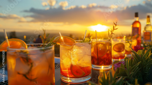 Outdoor cocktail buffet at sunset, beautifully arranged drinks with a sunset view in the background, vibrant colors captured in golden hour light