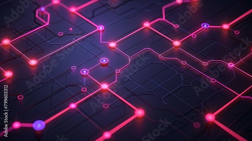 Glowing circuit board with pink and blue lights - This image showcases a complex network of electronic circuits with glowing pink and blue nodes, emphasizing technology and connectivity