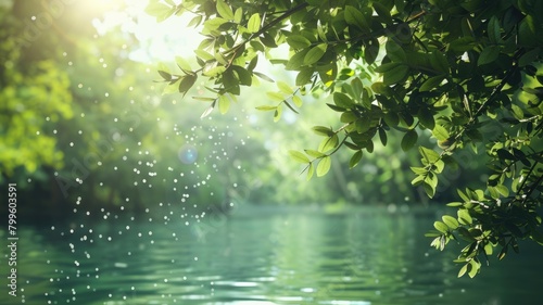 Sunlight filters through green leaves above tranquil river  with light particles floating in air