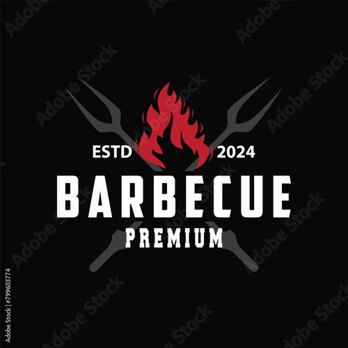 Illustration of a restaurant design with a vintage barbecue logo concept with the concept of a fire burning on a simple bbq hot grill