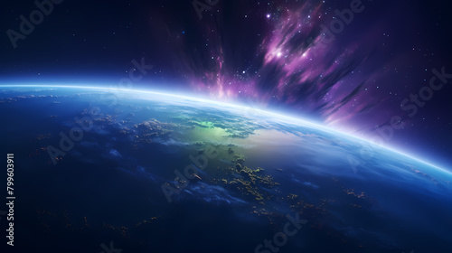 Beautiful view of Earth from space  purple and green Northern Lights