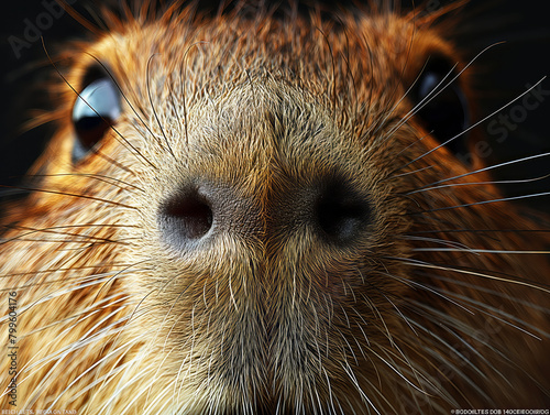 The most captivating aspect of the image is the close-up portrait of a capybara, the world's largest living rodent. Generative AI photo