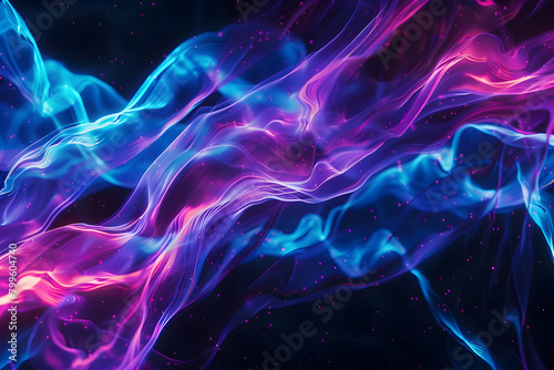 Flowing neon waves with blue and purple luminous waves. Energetic design on black background.