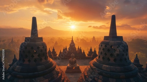 Amazing view of ancient largest Buddhist Borobudur Temple in Java Indonesia with bright focusing light during sundown time against orange cloudy sky Ai generated