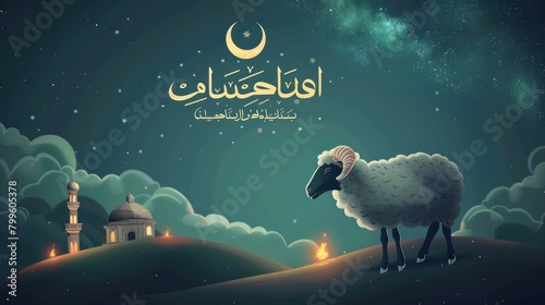 Arabic calligraphy text of Eid Mubarak for the celebration of Muslim community festival Eid Al Adha. Greeting card with sacrificial sheep and crescent on cloudy night background. Vector  Ai generated photo