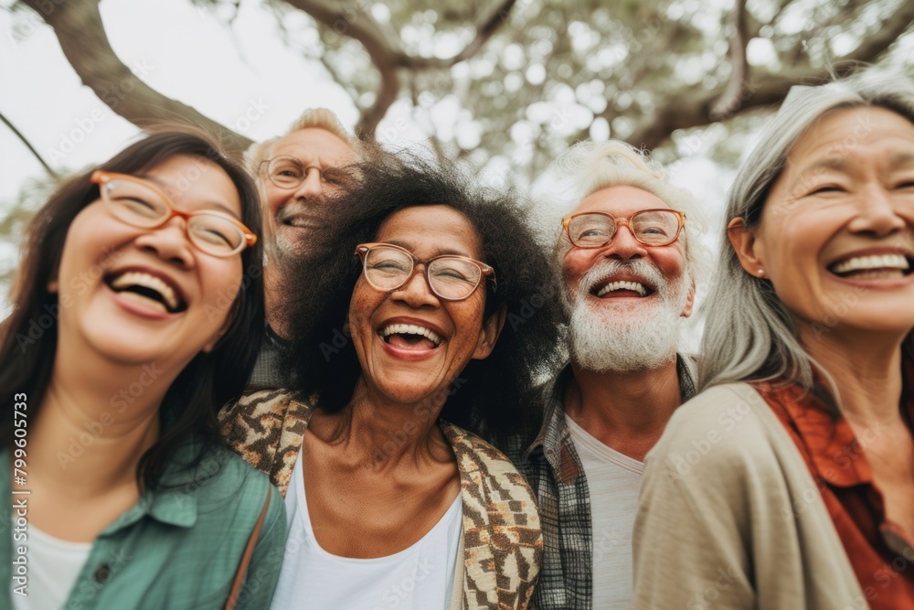 Group of diverse friends laughing and having fun together. Multiethnic group of people bonding and having fun outdoors.