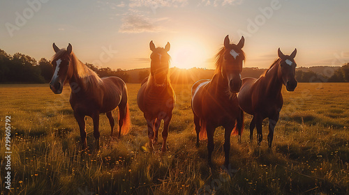 Four Majestic Brown Horses with White Snips on Noses Grazing in a Golden Sunset Field