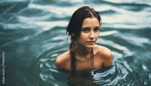 A young beautiful woman standing in the water creates a serene and captivating image.
