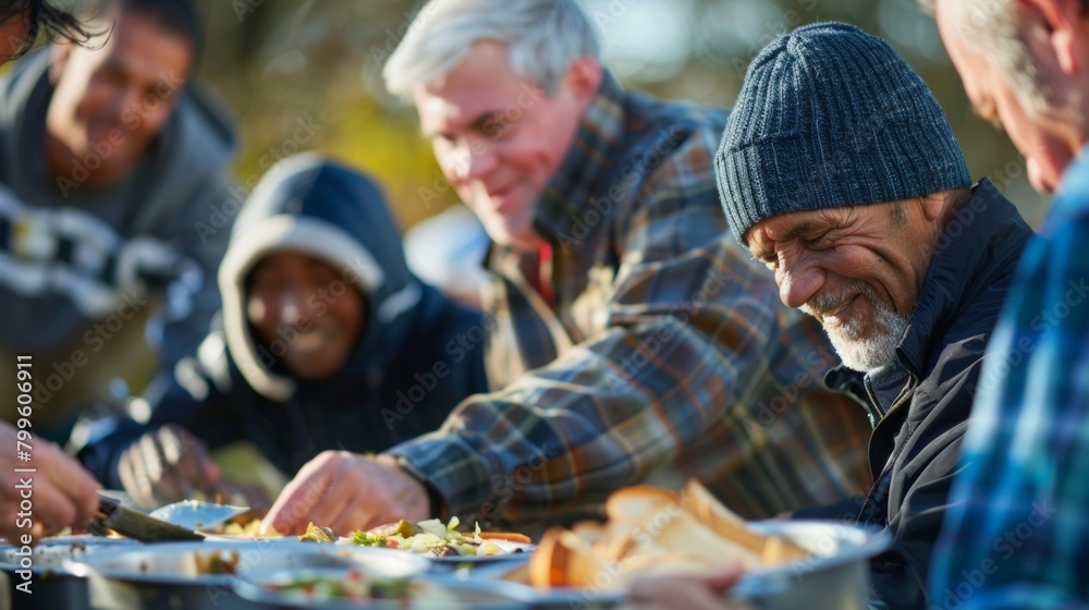 A closeup of a group of people sharing a meal and conversation after a game grateful for the camaraderie fostered by a sober sports league.