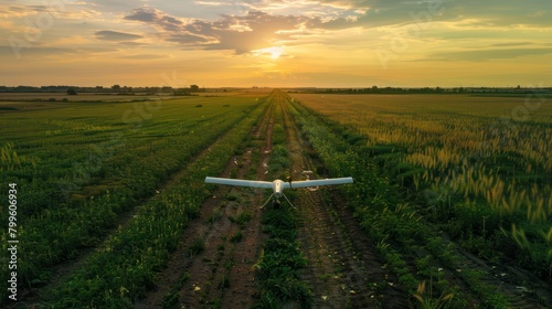 View of agricultural drone spraying pesticides on crops in field.