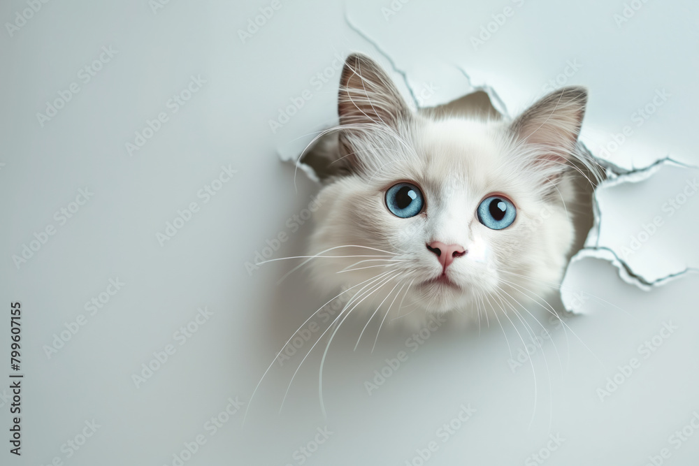 A perforated white wall, the hole on the wall, a Ragdoll cat in the hole looking out, surreal style. Generative AI