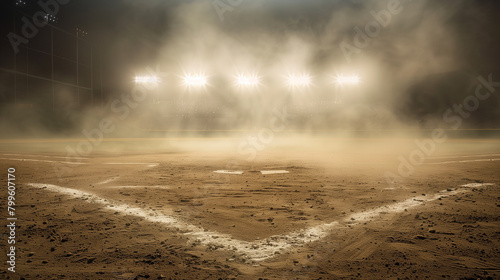 A baseball field with a lot of smoke and dust. The field is empty and the lights are on