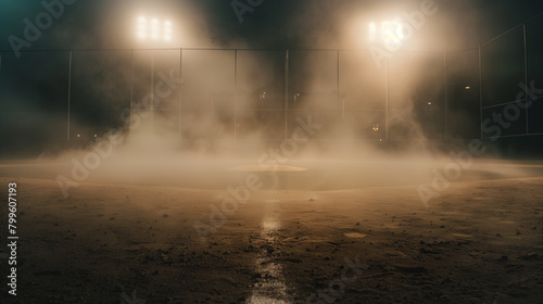 A baseball field with a lot of smoke and dust. The field is empty and the lights are on