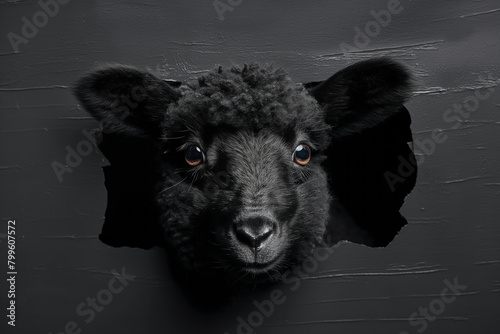 Black sheep looking through paper wall in paper hole. Generative AI photo