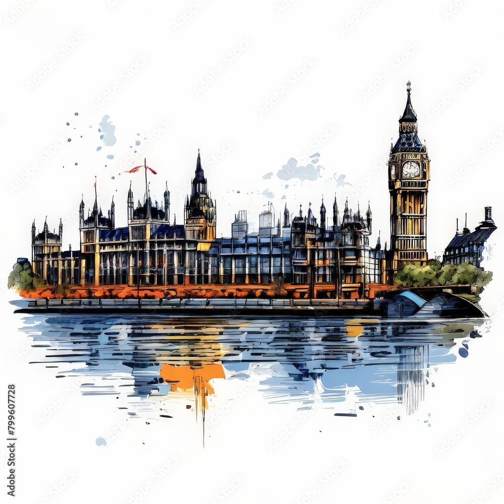 Fototapeta premium illustration of london england big ben in the background river and bridge in the foreground