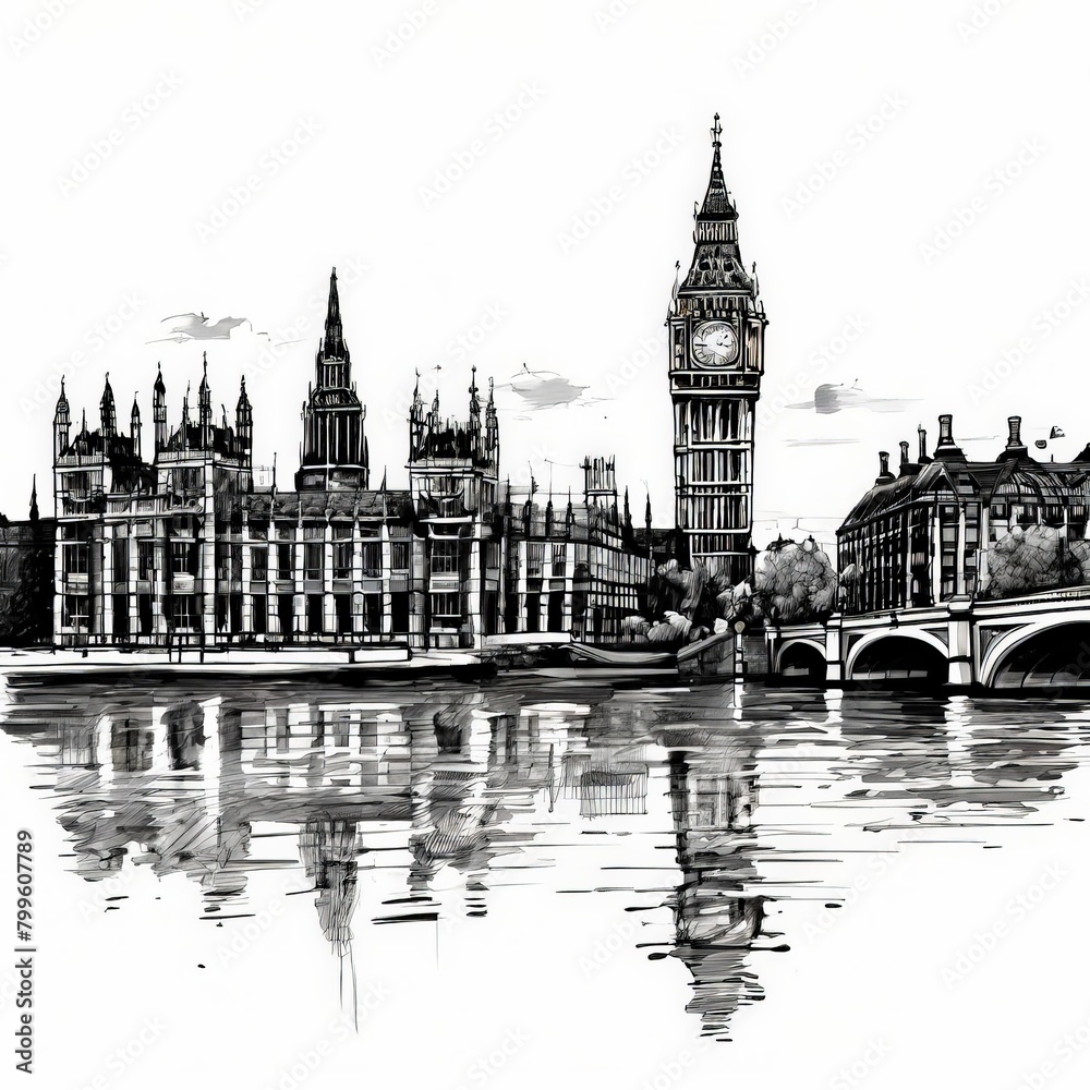 Fototapeta premium illustration of london england big ben in the background river and bridge in the foreground